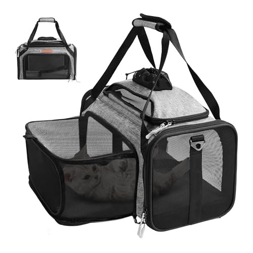 PETUX Expandable Airline-Approved Pet Carrier for Small Cats up to 10 lb | Top-Side Expandable, TSA‑Friendly, Underseat, Soft Travel Bag with Breathable Mesh and Safety Buckle, 17 x 11 x 9.5 in, Grey