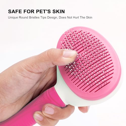 Aogeili Self Cleaning Slicker Brush, Skin Friendly Deshedding Grooming Tool for Dogs, Cats & Bunny, One-Click Release Removes Loose Undercoat, Mats & Tangles, for Long & Short Hair Shedding Pets - color: Pink