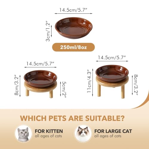 Havniva Elevated Cat Bowls, Ceramic Cat Bowl with Bamboo Stand Wide Opening | 5.7” Raised Cat Food Bowls, Whisker Friendly Cat Dish, Anti-Slip Cat Water Bowls, Shallow Cat Bowls, Cat Food & Water Bowl - color: Brown