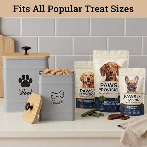 Dog Treat Container Set of 2 with Airtight Bamboo Lids - 8x6 & 7x5 inch | Fits All Popular Treats, Up to 20 Cups Combined Capacity, Airtight Bamboo Lid, Easy Open Lid, Dent-Resistant Durable Metal - color: Gray - Large