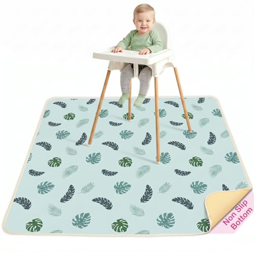 Basumee Splat Mat for Under High Chair, Waterproof & Mess-Proof Floor Mat | 46"×42" Baby Splash Mat, Non Slip Bottom, 4-Layer Fabric, Food & Liquid Catcher, Machine Wash for Boy Girl, Meals, BLW, Craft - color: Blue Leaves, size: 46x42 Inches
