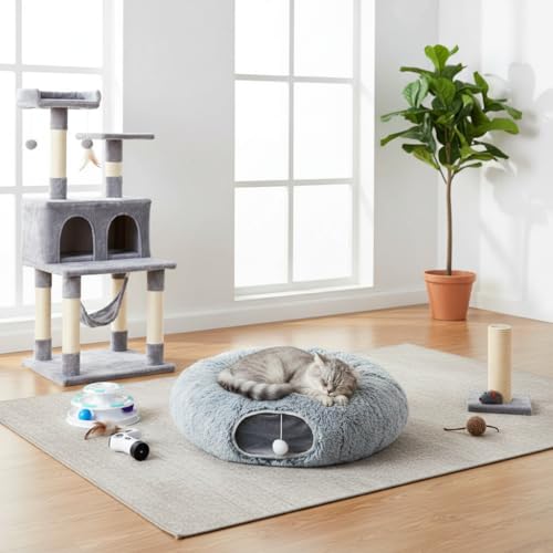 AUOON Plush Cat Tunnel Bed for Indoor Cats, 36" L x 36" W x 11.5" H, Gray | 2 in-1 Interactive Cat Toy, with Hanging Ball Toy, Machine Washable Center Pad, for Kitten Puppy Rabbit Ferret - color: Gray