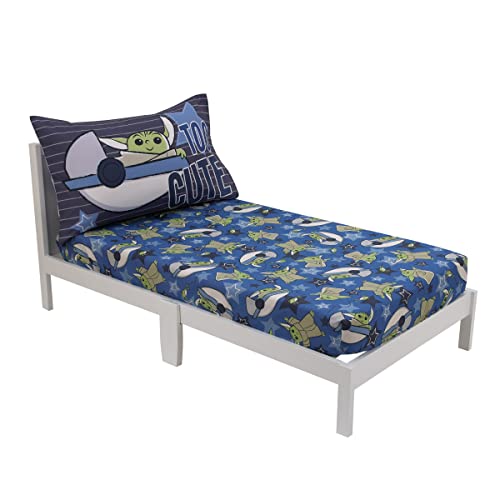 NoJo Star Wars The Child Cutest in The Galaxy Blue, Green, and Gray Grogu and Hover Pod 2 Piece Toddler Sheet Set - Fitted Bottom Sheet and Reversible Pillowcase - color: Star Wars the Child