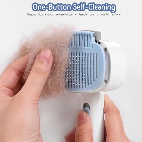 Dog & Cat Brush for Shedding, 2-in-1 Self Cleaning Deshedding Brush | Adjustable Bristle Length with Dematting Comb Skin Friendly Fur Shedding Removal Tool for Long Medium Long Hair Pets (Blue) - color: Blue