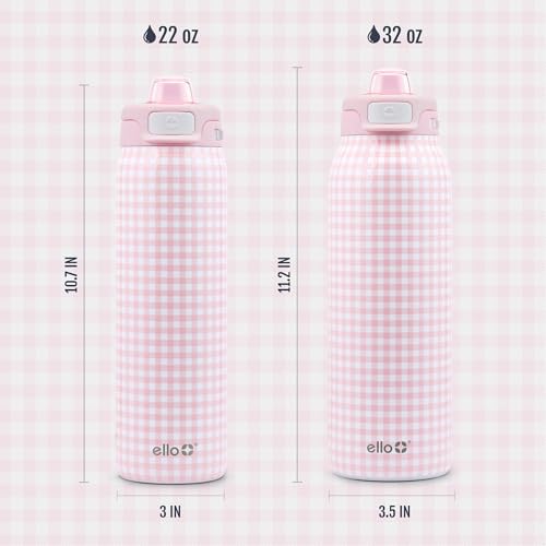Ello Pop & Fill Insulated Stainless Steel Water Bottle with Quick Fill Lid, Leakproof Locking, Sip or Chug Spout, BPA-Free, Double Wall Vacuum Insulated for Sports, Travel & School- 22oz / 32oz / 40oz - color: Pink Gingham, style: 22oz