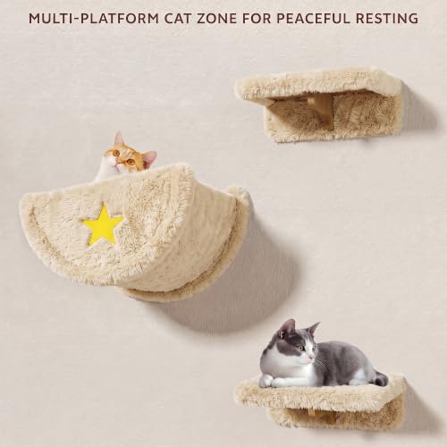 13-in-1 Cat Wall Shelves, Moon & Bridge Cat Wall Furniture, Beige | Wall Mounted Cats Shelf Set with Plush Fabric, Cat Climbing Systems for 16 Inch Drywall, Condo, Scratching Post, Space-Saving - color: Beige, size: 13-in-1
