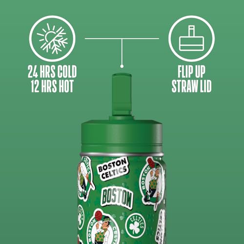 Hydrapeak NBA Officially Licensed Boston Celtics Mini 14oz Kids Stainless Steel Water Bottle with Straw Lid & Flexible Handle, Double Wall Insulated, Spill Proof, Perfect for Back to School - color: Boston Celtics
