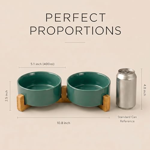 SPUNKYJUNKY Ceramic Dog and Cat Bowl Set with Wooden Stand, Modern Cute Weighted Food Water Set for Small Size Dogs (13.5OZ) & Medium Sized Dogs (28.7OZ) & Cats (1.7 Cups, 2 × Light Green) - color: Light Green × 2, size: 1.7 cups