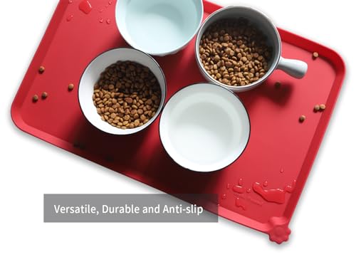 Hoki Found L Silicone Pet Food Mats Tray - Non Slip Pet Dog Cat Bowl Mats Placemat - Dog Pet Feeding Mat - Waterproof Dog Cat Food Mats -Pet Water Mats for Carpet - Classic red - color: Classic Red, size: 22" x 14"