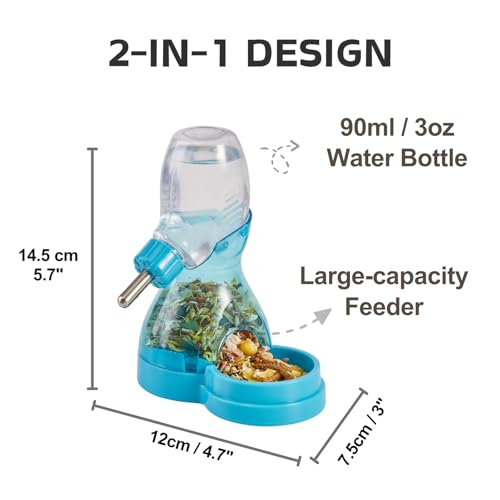 2 in 1 Hamster Water Bottle No Drip with Large Capacity Automatic Food Dispenser Small Animal Feeder for Syrian Dwarf Hamster Mouse Rat Degu (Blue, 3oz) - color: Blue