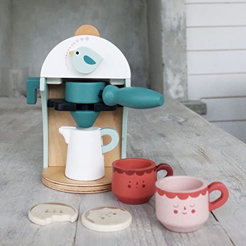 Tender Leaf Toys - Babyccino Maker Wooden Coffee Machine Pretend Food Play Toy with Espresso Capsules and Cups Made Premium Materials Craftsmanship Age 3+