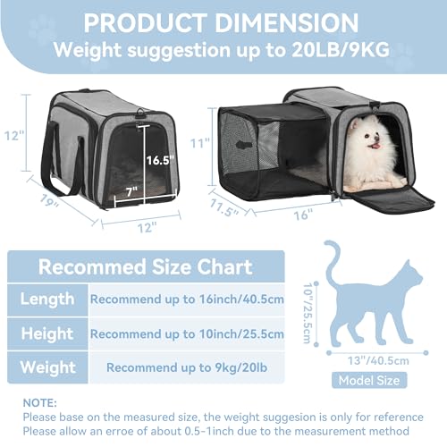 Petsfit 19"X12" X12" Expandable Pet Carrier, Square Expansion Reduces Pet Anxiety, Escape-Proof Self-Locking Zippers, 3 Easy-Access Entrances, for Cats & Small Dogs up to 18 lbs - color: Gray, size: 19.0"L x 12.0"W x 12.0"H
