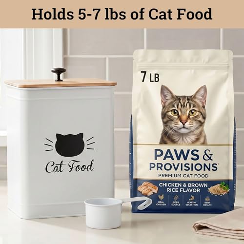 Metal Cat Food Container with Scoop 5-7 lb (25 Cup), w/ Airtight Bamboo Lid | Cat Kibble Canister with Metal Scoop, 25 Cups, Chew Proof Iron Body, Powder Coated, Airtight Bamboo Lid, Sturdy Metal Handle - color: White