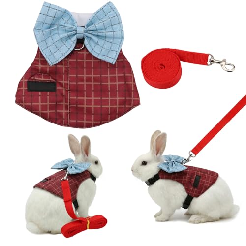 Hypeety Bunny Harness and Leash Set Adjustable Escape Proof Vest, Red, S | Lightweight, soft small pets walking vest, for rabbits/guinea pigs, with cute bow, formal suit style, for Christmas/Halloween - color: Red, size: S
