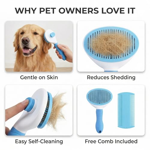 Self Cleaning Pet Grooming Brush for Dogs & Cats – Deshedding Slicker Brush with Hair Removal Button, Gentle Skin Safe with Free Comb