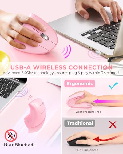 Lekvey Ergonomic Mouse, Rechargeable Vertical Wireless Mouse, Pink | USB-C Charging, 2.4G USB Plug & Play, Quiet Click, 800/1200/1600 DPI, 6 Buttons, Carpal Tunnel Mouse, for Laptop, PC, Mac - color: Pink