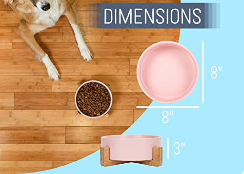 NAT & Jules Large Pink 8 inch Stoneware Ceramic and Wood Pet Bowl with Stand - color: Pink