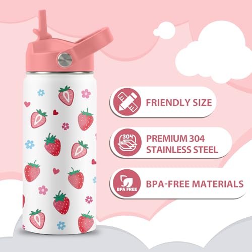 16 oz Water Bottle with Straw Lid, 2 Pack Set, Strawberry Mermaid Gifts for Girls, Stainless Steel Insulated Water Bottles for School Travel Outdoor Sports, Pink Cups Birthday Gifts - color: Strawberry and Mermaid