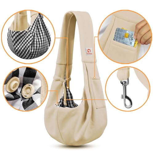 Tomkas Small Dog Cat Sling Carrier Puppy Purse Travel Wrap Soft Crossbody Pet Bag (Cream, M - Classic Pocket & Classic Strap) - color: Cream