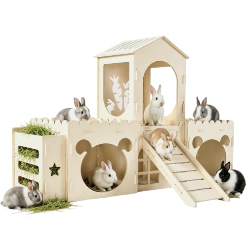 5 in 1 Extra Large Bunny House，Rabbit Hideout and Wooden Castle Hutch Cage | Detachable With Ramp 4 Houses and a Hay Feeder，Sturdy Guinea Pig and Chinchilla Cages,Small Animal Pet Tunnel Habitat