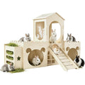 5 in 1 Extra Large Bunny House，Rabbit Hideout and Wooden Castle Hutch Cage | Detachable With Ramp 4 Houses and a Hay Feeder，Sturdy Guinea Pig and Chinchilla Cages,Small Animal Pet Tunnel Habitat