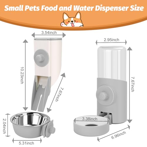 Yummy Sam Hanging Cage Automatic Small Pet Food Bowl Water Bottle Dispenser, Kennel 500ML Waterer and Auto Gravity Pet Feeder Set with Separate Food Bowl Crate Feeder Dish for Puppy Cats Rabbit (Grey) - color: Grey White