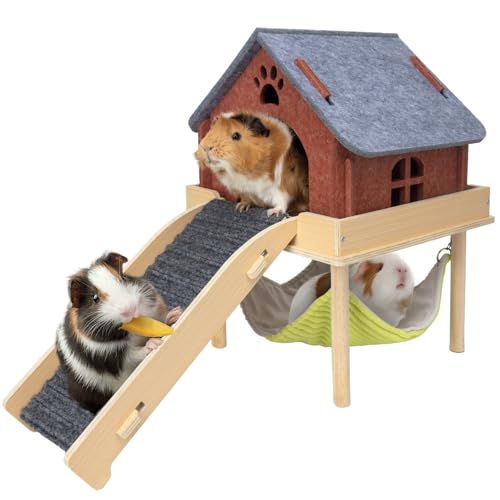 BESNEW 3 in 1 Enlarged Guinea Pig Hammock,Wooden Guinea Pig Hideout with House & Platform & Stairs Small Animal Toys for Hiding Sleeping Activities - color: Gray Roof