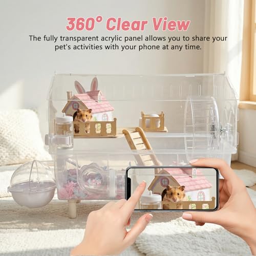 9-in-1 Acrylic Hamster Cage - Clear Pet Cage with 360° Transparent Viewing, Double Layer Chew-Proof Mice Enclosure with Crawling Tunnel for Dwarf Syrian Gerbils, 18 * 13 * 12in (Pink Cottage)