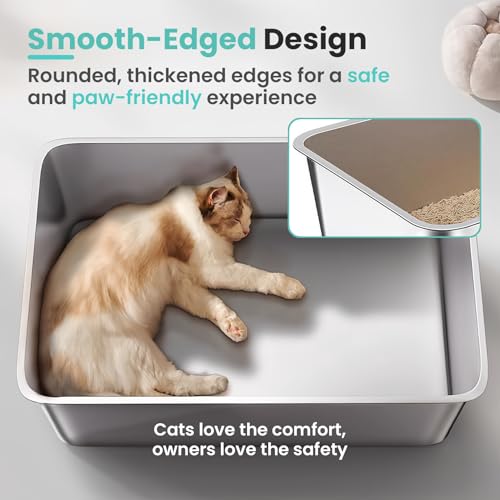 Stainless Steel Cat Litter Box, 17.7"x13.8"x6", Large | Non-Sticky, Smooth Metal Litter Box for Indoor Cats, Leak-Proof, Easy to Clean, Non-Slip, High Sided, Easy Entry - size: 17.7”x13.8”x6”