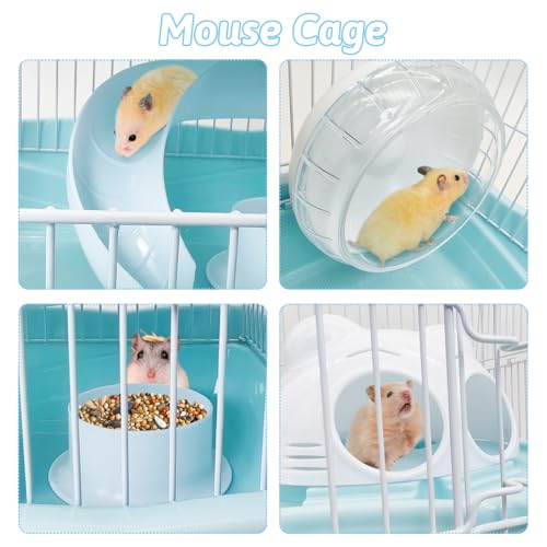 PINVNBY Dwarf Hamster Cage, Small Animal Cages, 2-Tier Travel Portable Mouse Cage Hamster Carrier with Castle House Running Exercise Wheels, Water Bottle and Food Dish（Blue） - color: Blue, size: L: 13.78x10.23x11.02in