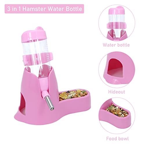 Wontee 3 in 1 Hamster Water Bottle with Food Bowl Hideout Base, 80ML, Pink | Water dispenser, food container, hideout, stable base, easy to refill, for glass tank/cage, dwarf hamster/mouse/gerbil, 2.7oz - color: Pink, size: 80ML