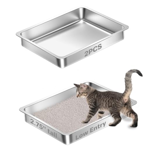 2 Pack Low Entry Stainless Steel Cat Litter Boxes, Metal Shallow Litter Box, Easy Access Kitty Litter Pan Tray, Easy Cleaning -17.72'' Lx 13.78'' W x 2.76'' H - color: 2 pack-17.72'' Lx 13.78'' W x 2.76'' H