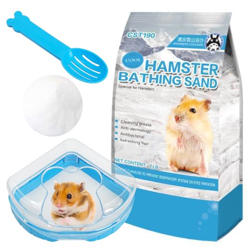 kathson Hamster Sand Bath Kit, 2LB Bathing Sand for Gerbils with Plastic Sandbox Chinchilla Cleaning Powder Dust Free Small Animals Showering Sand for Rodent Mice Rat Mouse