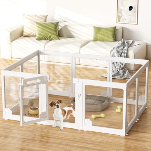 24“ Acrylic Clear Dog Play Pen Indoors 10 Panels, Puppy Playpen with Door for Small Dogs Puppies, Transparent Plastic Pet Playpen Cage Fence Crate Kennel for Cat Kitten Rabbit Bunny Ferret etc | 360° Visibility, Modern Look, Easy Wipe-Clean Surface, Scrat