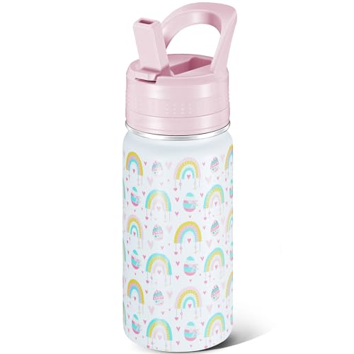 14 Oz Kids Water Bottle, Stainless Steel Water Bottle with Straws, Leak-Proof, BPA-Free, Insulated Water Bottles for School Boys & Girls|White Rainbow - color: White cartoon rainbow