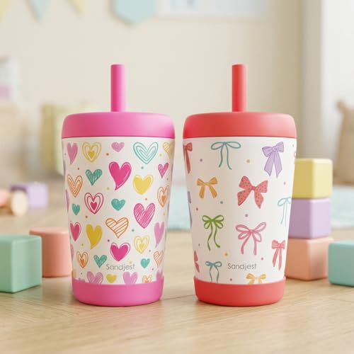 SANDJEST Kids nsulated Stainless Steel Tumbler with Silicone Straw, 12 Ounces, Pack of 2 for Boys, Birthday Back to School (Heart + Bow) - color: Heart + Bow