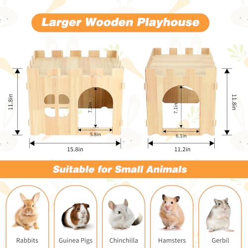 BWOGUE Large Wooden Bunny Hideout,Detachable Rabbit Castle for Small Animal | Wooden Rabbit Hideout, Wooden Rabbit Hideaway, Bunny Houses and Hideouts, Two Doors, 2-Story Play & Rest, Indoor Rabbit - style: 1 House