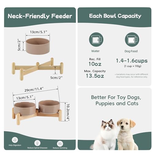 Havniva Elevated Dog Bowls Ceramic Dog Bowls with Stand, Dog Food Bowl | 5.1” Raised Dog Bowls with Non-Slip Wood Stand, Dog Food and Water Bowl Set, Double Dog Feeding Bowls for Small Dogs - color: 2 Bowls+Stand - Brown Coffee, size: 5.1inch