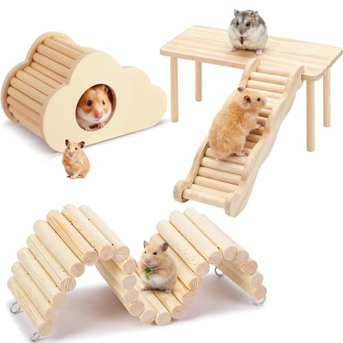 Hamster Platforms Wooden Ladder Bendy Bridge Fence Hidden Play House | Hamster Game Climbing Toy with Platform Decor Cage Accessories for Dwarf Syrian Mice Degus Gerbils Squirrel Small Pets - color: 4 Pcs-1