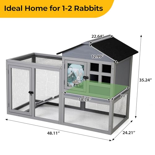 48" L Large Rabbit Hutch Outdoor Indoor, Expandable 2-Story Wooden Bunny Cage with Run, Removale Tray, 3 Entrances, Grey + Colorful Pattern