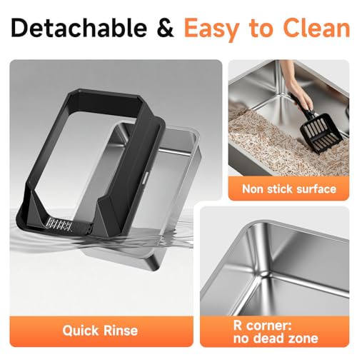 Stainless Steel Litter Box with High Sides, XL | High Sided Cat Litter Pan, Open Top Extra Large Metal Cat Litter Box, Non-Stick, Odor Free, Leakproof, Scoop Included,Black - color: Black