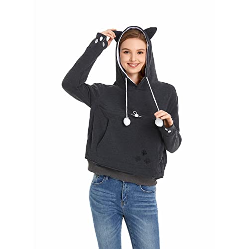Unisex Big Pouch Hoodie Long Sleeve Fleece Pet Dog Holder Carrier Pullover Sweatshirt… - color: Dark Grey, size: Small