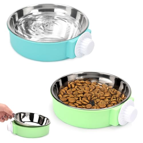 Stainless Steel Removable Pet Food Bowl, 2 Pcs Crate Dog Bowls | Anti-overturn Hanging Food Water Feeder Easy Install and Clean Pet Kennel Cage Bowl for Small Dog Cat Rabbit Guinea Pigs Bird - color: Blue&Green