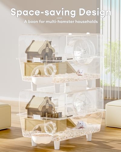 5s Assembly Hamster Cage, 17" Double Decker Small Animal Habitat | With Accessories, Stackable Travel Carrier for Dwarf Hamsters, Gerbils, Mice (Full Clear, Tool-Free)