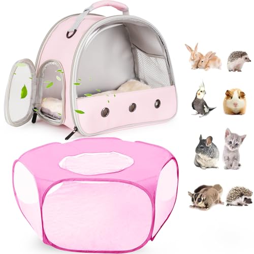 2-Pack Guinea Pig Carrier Backpack and Playpen with Lid, Breathable Pet Playpen Pop Open Exercise Fence, Portable Small Animal Cage for Rabbits, Chinchillas, Squirrel, Lizard, Sugar Glider - color: Pink