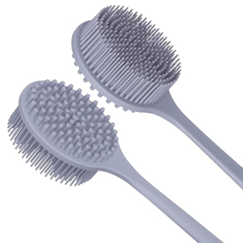 DNC Silicone Back Scrubber for Shower Bath Body Brush with Long Handle (Gray) - color: Gray
