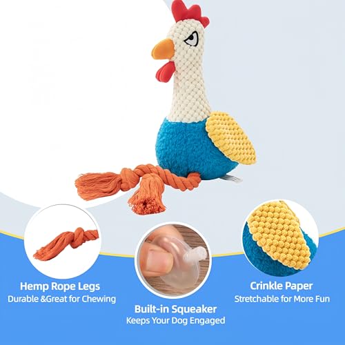 Plush Chicken Dog Toy with Squeaker and Crinkle Paper for Small Dogs | Soft plush texture with rope details, great for tugging, tossing, indoor play and creating fun bonding moments with pets. - color: Blue Rooster