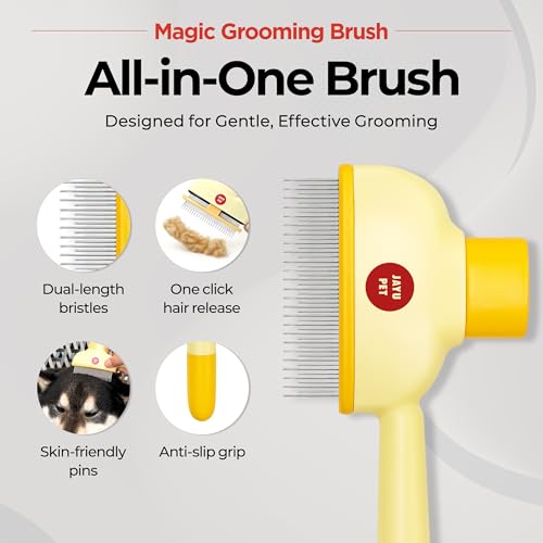 JAYU PET Magic Grooming Brush – Cat Brush for Shedding, Dual-Length Stainless Steel Bristles, One-Click Self-Cleaning, Vertical Deshedding Comb, Professional Pet Grooming Tool