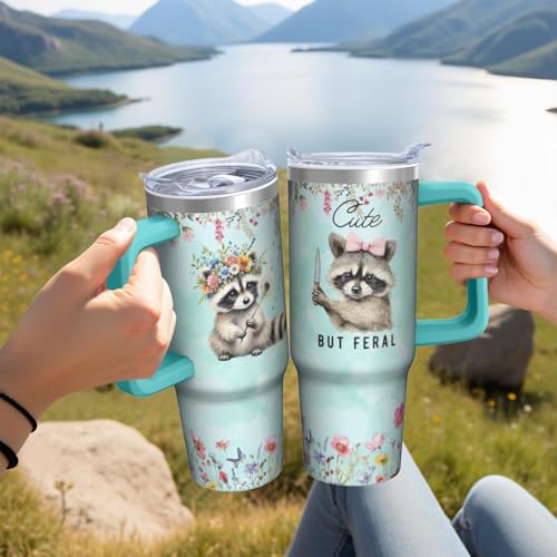 30oz Raccoon Stainless Steel Tumbler with Handle and Straw, Insulated Cup Travel Coffee Mug Water Bottle with Lid and Straw, Animal Lovers Women Gifts - color: Raccoon
