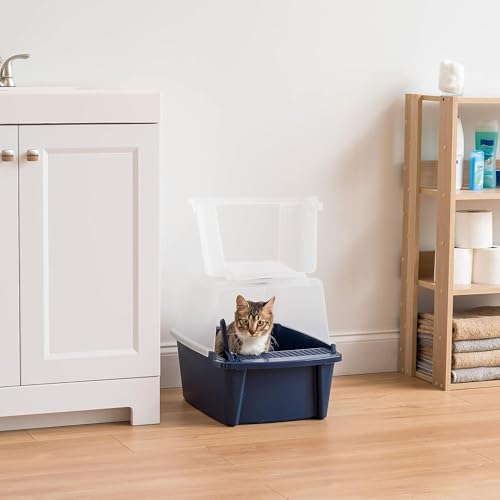 IRIS USA Large Front Door Cat Litter Box, Walk-in Entry, Navy | Senior Cats, Private Enclosure Design, Flip Door Access, Covered Walk-Through, Privacy Hood, Contained Environment - size: Split Hooded